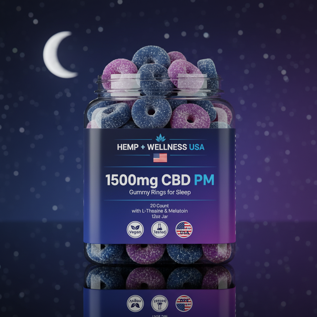 1500mg CBD P.M. Gummy Rings | 75mg CBD + L-Theanine + Melatonin | 75mg cbd each | 20 Count
