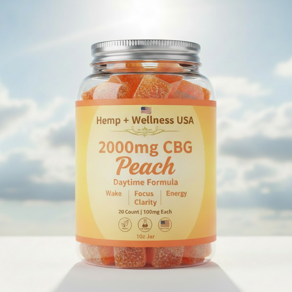 2000mg CBG DAYTIME Gummies | 20 Count | Peach Flavor | (100mg CBG per Gummy). Wake, Focus, Clarity, Energy