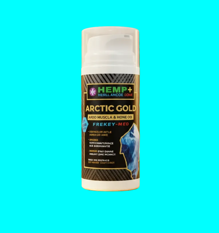 Hemp product labeled 'Arctic Gold' on a gold background with a coin and gold rocks.